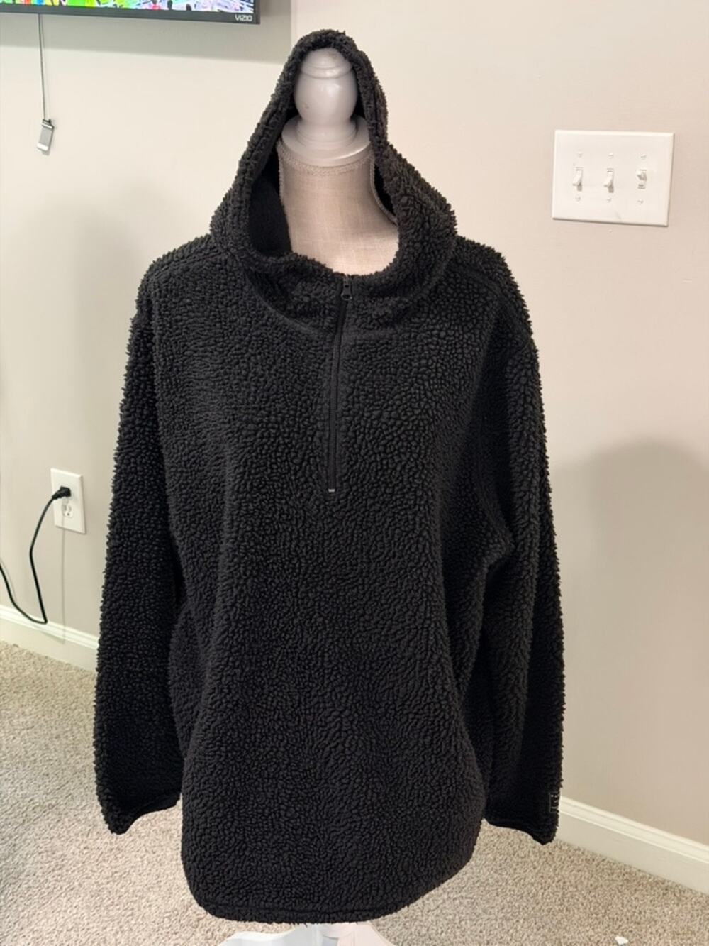 PacSun Men Black Sherpa Fleece Quarter Zip Hoodie Pullover XL Cozy Teddy Jacket